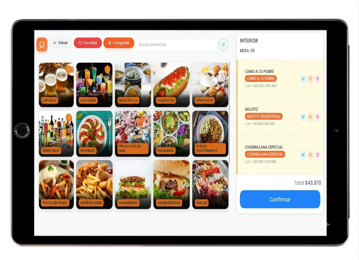 Pantalla de OpenRest funcionando en tablet: vista de comanda con productos y total